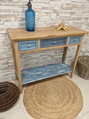 table-console-merisier-relookage-peinture-patine-bleu